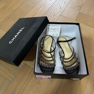 CHANEL Black Sandals with Chain Accents